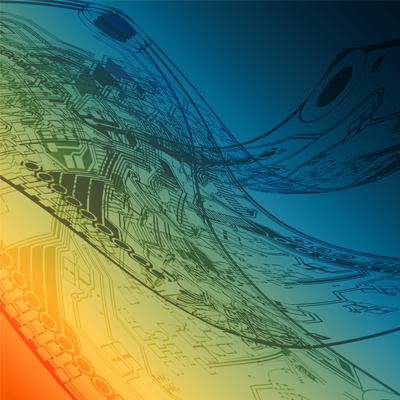 Flexible circuit board image on a rainbow background