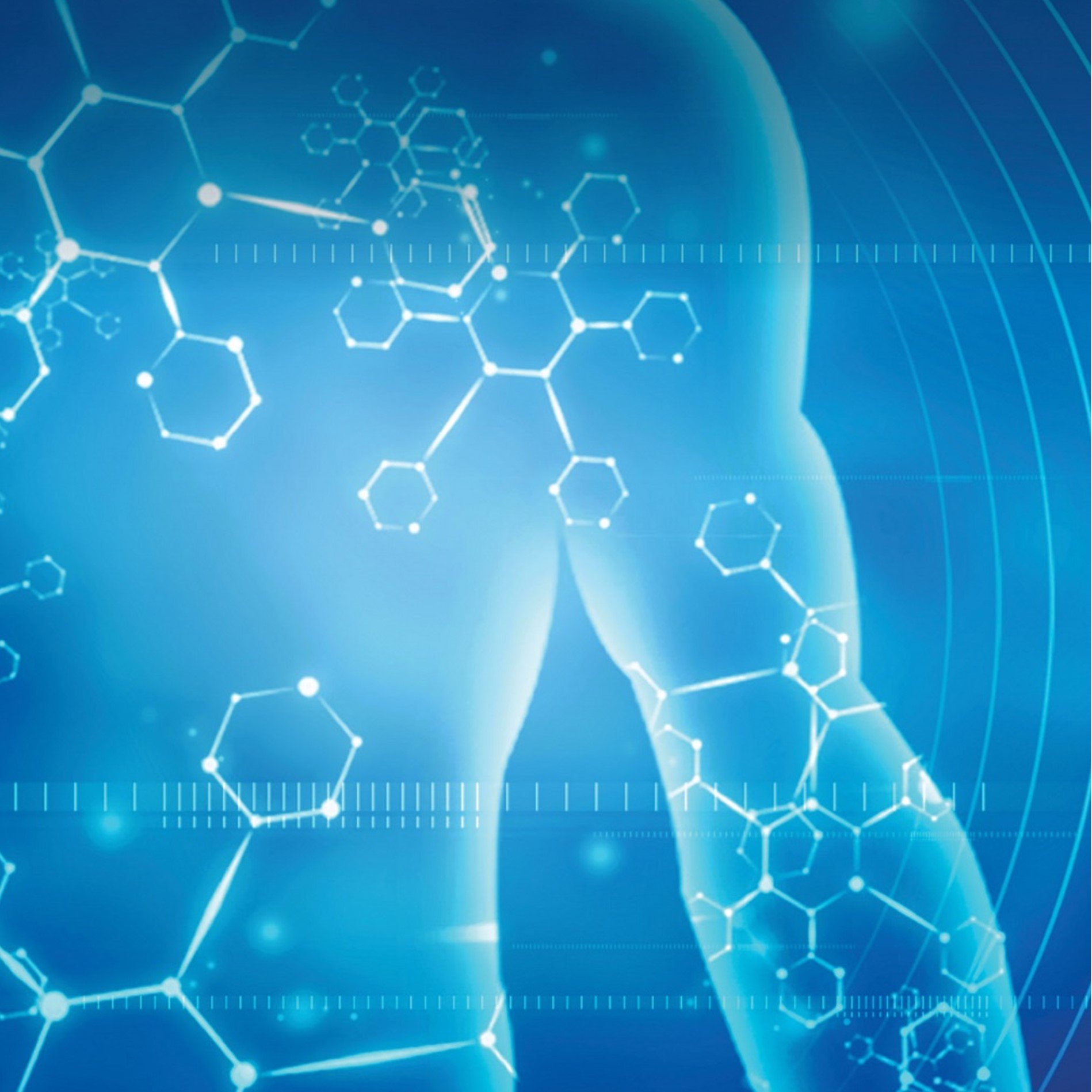 a human figure with superimposed molecular structures in white on a blue background