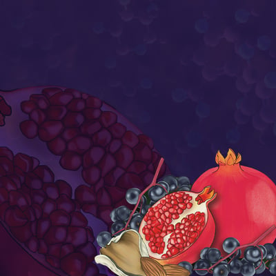 Illustration of pomegranates, grapes and almonds against a purple background.