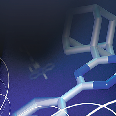 A blue and black blurred background with a visible molecular assembly