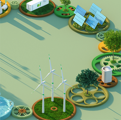 Interlinking cogs with renewable energy features such as wind turbines and solar panels on top of each cog signify a systems approach in the transition to renewable energy